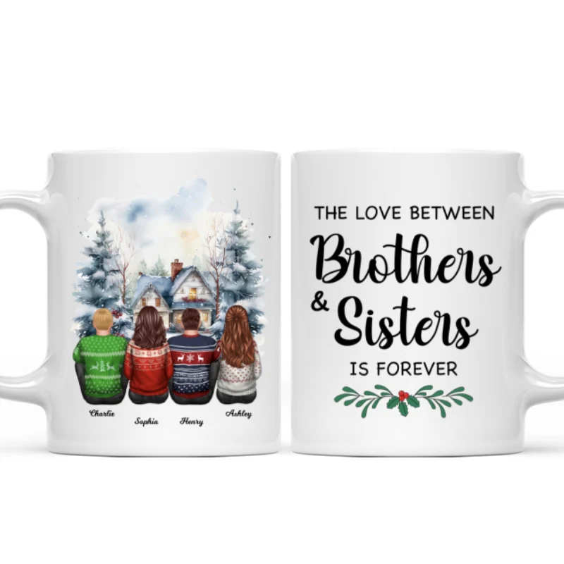 Brother Sisters Watercolor Christmas House Personalized Mug, Christmas Gift for Siblings - Image 7