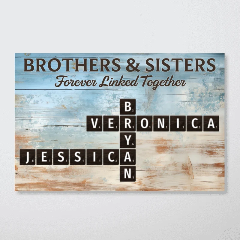 Brothers & Sisters Forever Linked Together Crossword Puzzle Art Blue Wood Palette - Personalized Poster - Gift For Siblings, Family - Image 12