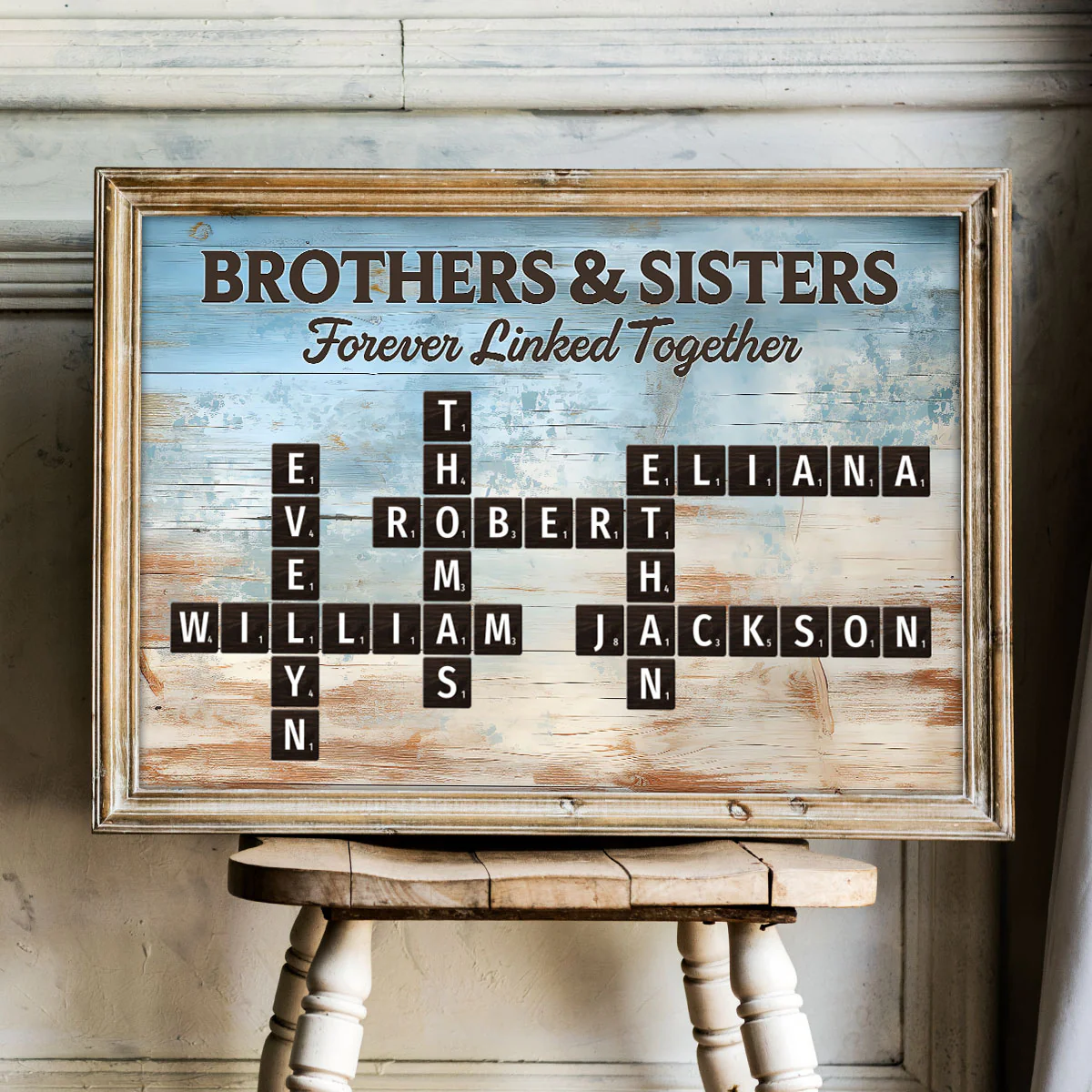 Brothers & Sisters Forever Linked Together Crossword Puzzle Art Blue Wood Palette - Personalized Poster - Gift For Siblings, Family - Image 2