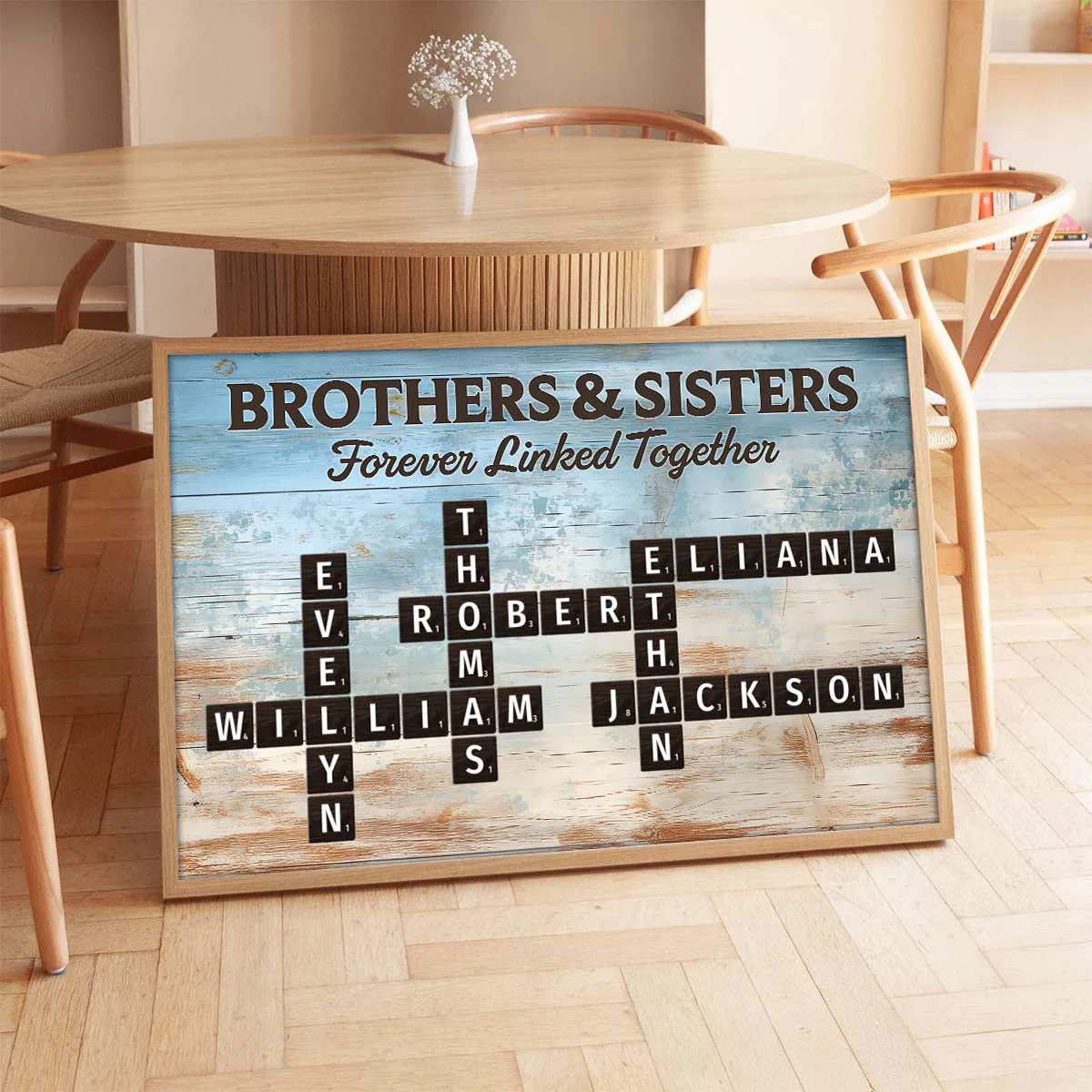 Brothers & Sisters Forever Linked Together Crossword Puzzle Art Blue Wood Palette - Personalized Poster - Gift For Siblings, Family - Image 3