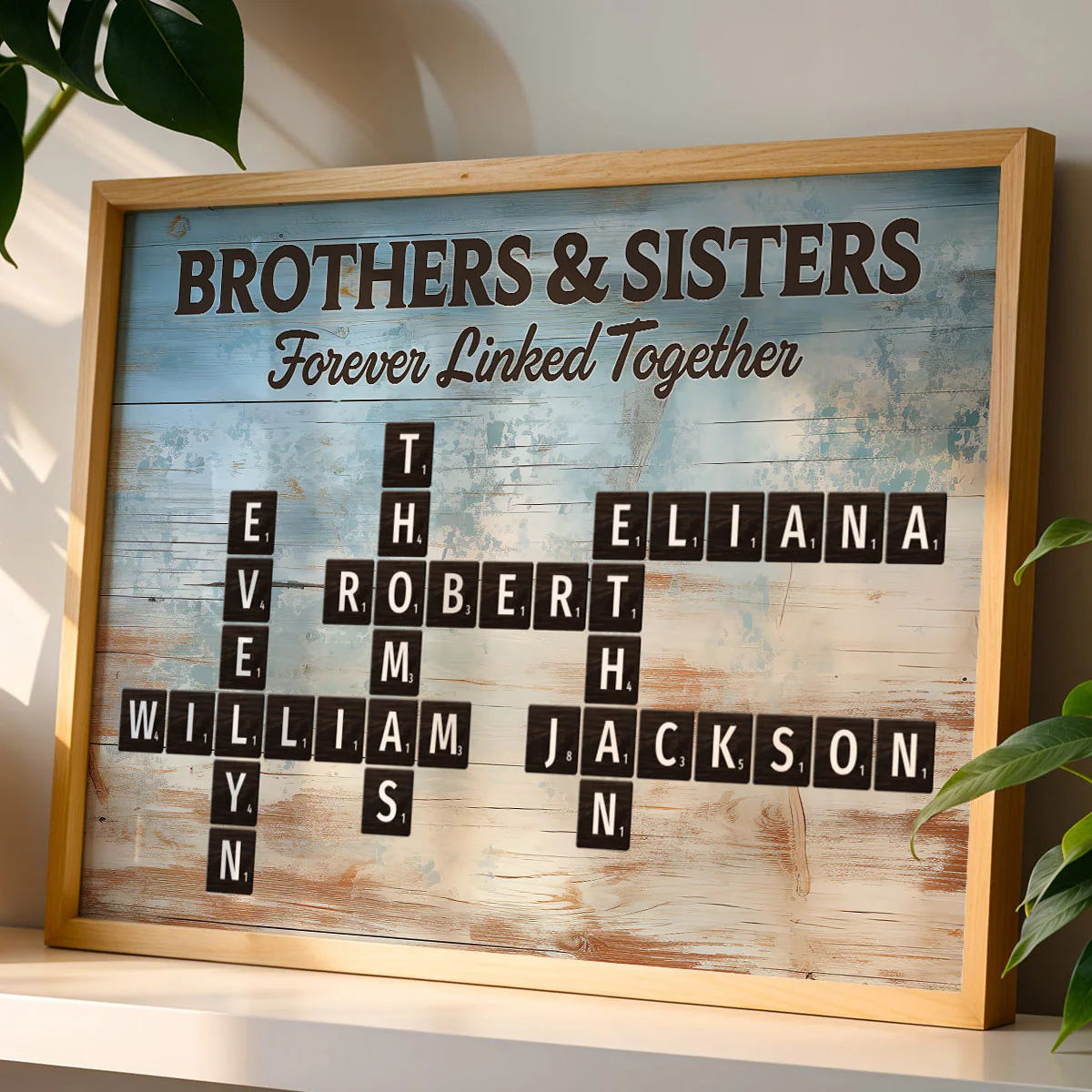 Brothers & Sisters Forever Linked Together Crossword Puzzle Art Blue Wood Palette - Personalized Poster - Gift For Siblings, Family - Image 4