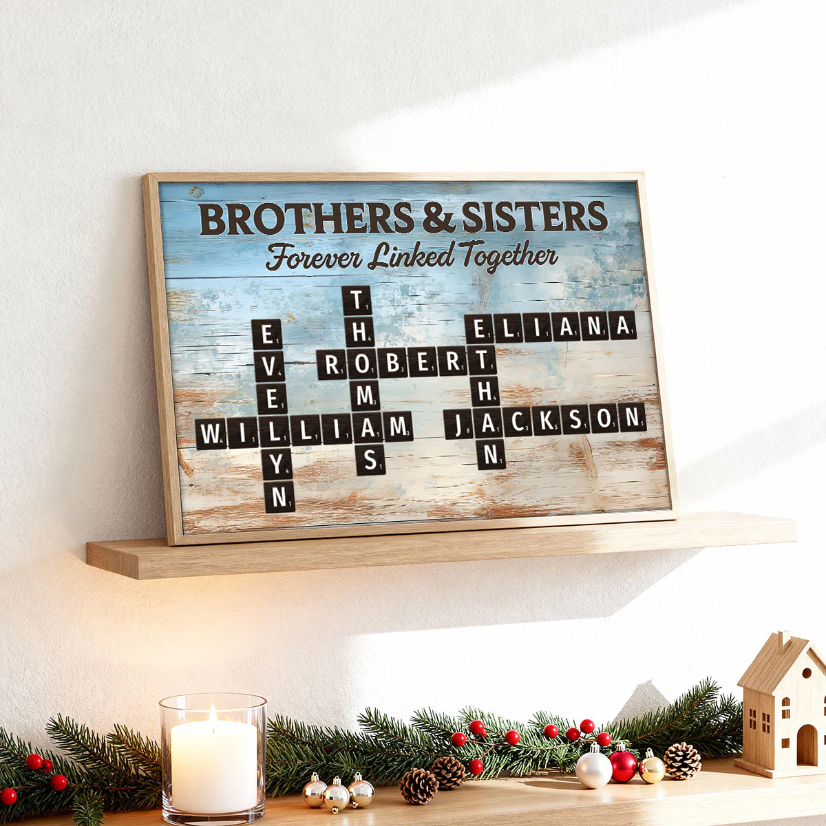 Brothers & Sisters Forever Linked Together Crossword Puzzle Art Blue Wood Palette - Personalized Poster - Gift For Siblings, Family - Image 5