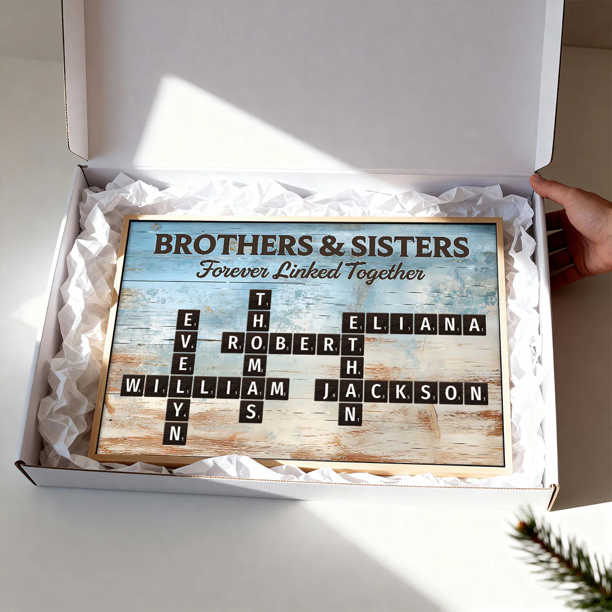 Brothers & Sisters Forever Linked Together Crossword Puzzle Art Blue Wood Palette - Personalized Poster - Gift For Siblings, Family - Image 7