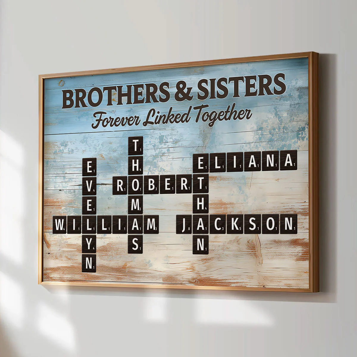 Brothers & Sisters Forever Linked Together Crossword Puzzle Art Blue Wood Palette - Personalized Poster - Gift For Siblings, Family - Image 9