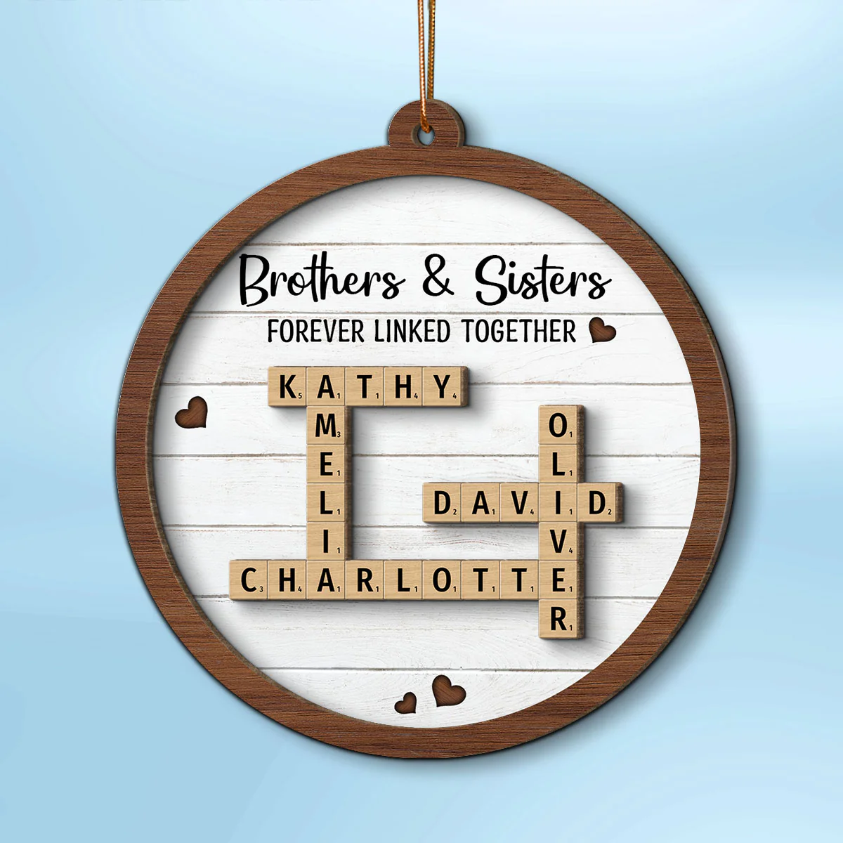 Brothers & Sisters Forever Linked Together Crossword Puzzle Art Personalized 2-Layer Wooden Ornament, Gift For Brothers, Sisters, Siblings, Family - Image 2