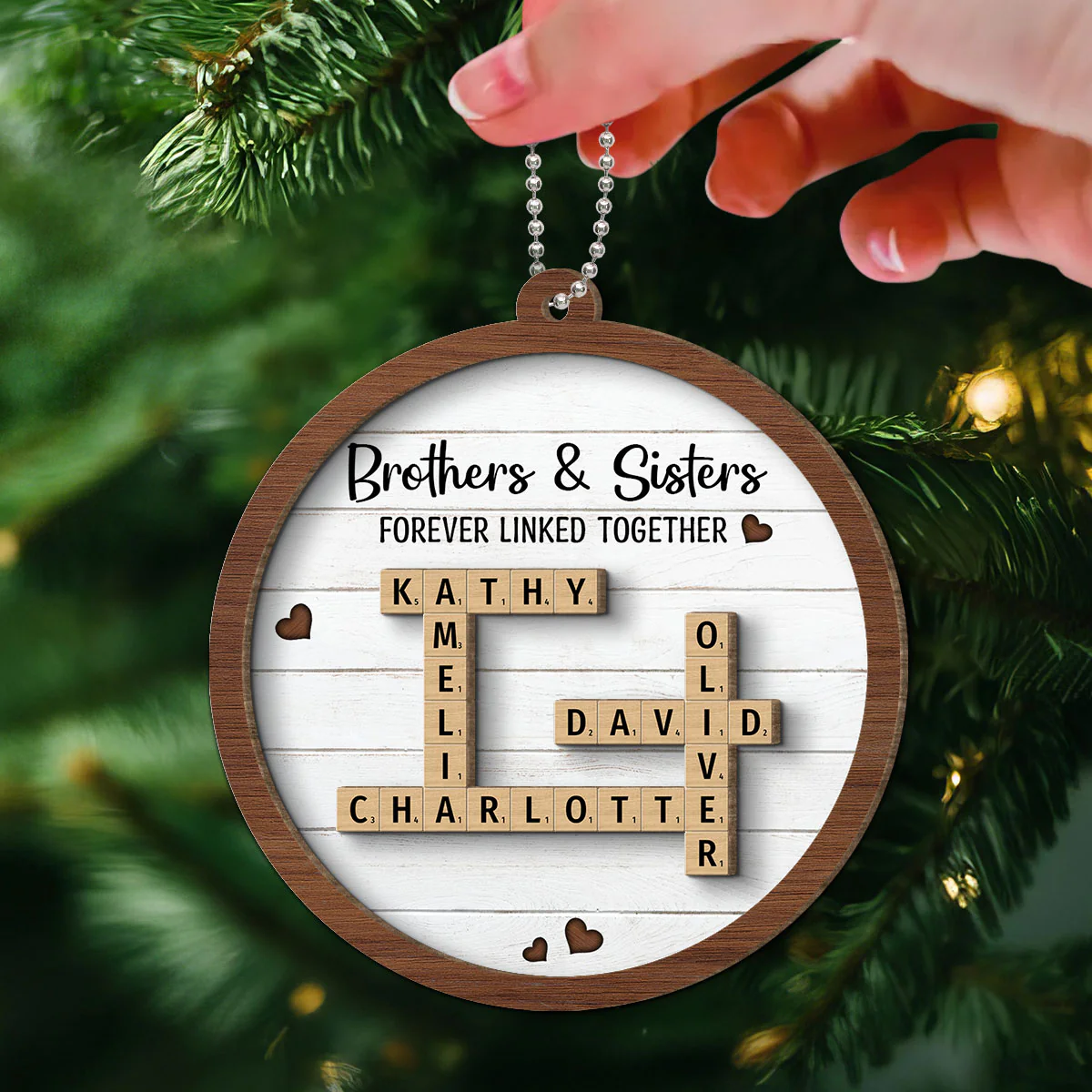 Brothers & Sisters Forever Linked Together Crossword Puzzle Art Personalized 2-Layer Wooden Ornament, Gift For Brothers, Sisters, Siblings, Family - Image 3