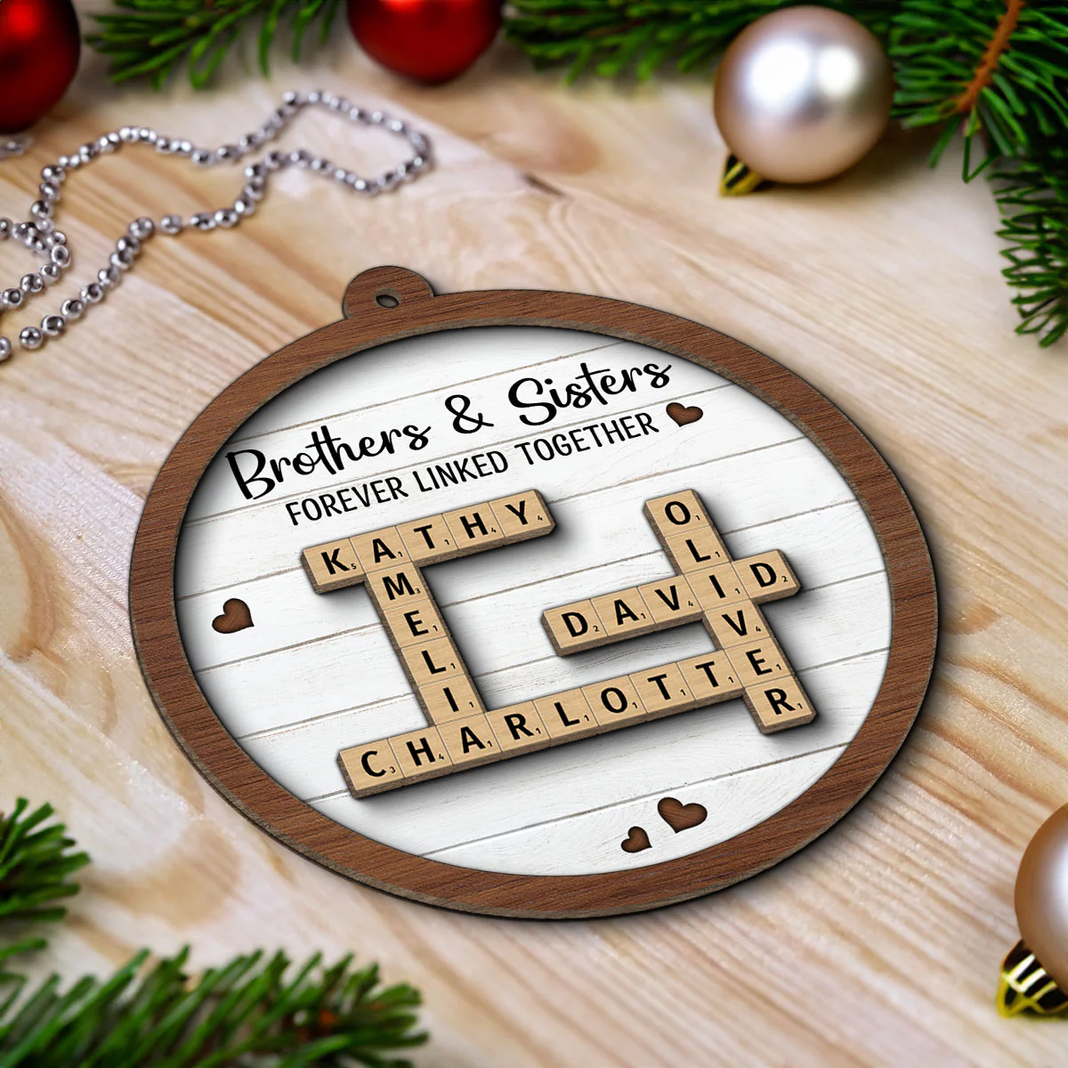 Brothers & Sisters Forever Linked Together Crossword Puzzle Art Personalized 2-Layer Wooden Ornament, Gift For Brothers, Sisters, Siblings, Family - Image 4
