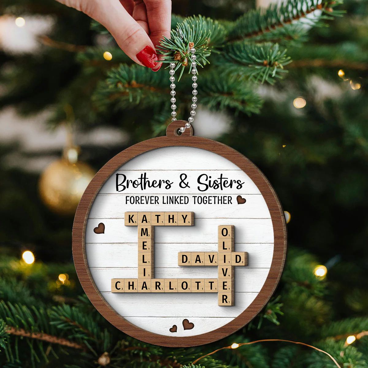 Brothers & Sisters Forever Linked Together Crossword Puzzle Art Personalized 2-Layer Wooden Ornament, Gift For Brothers, Sisters, Siblings, Family - Image 5