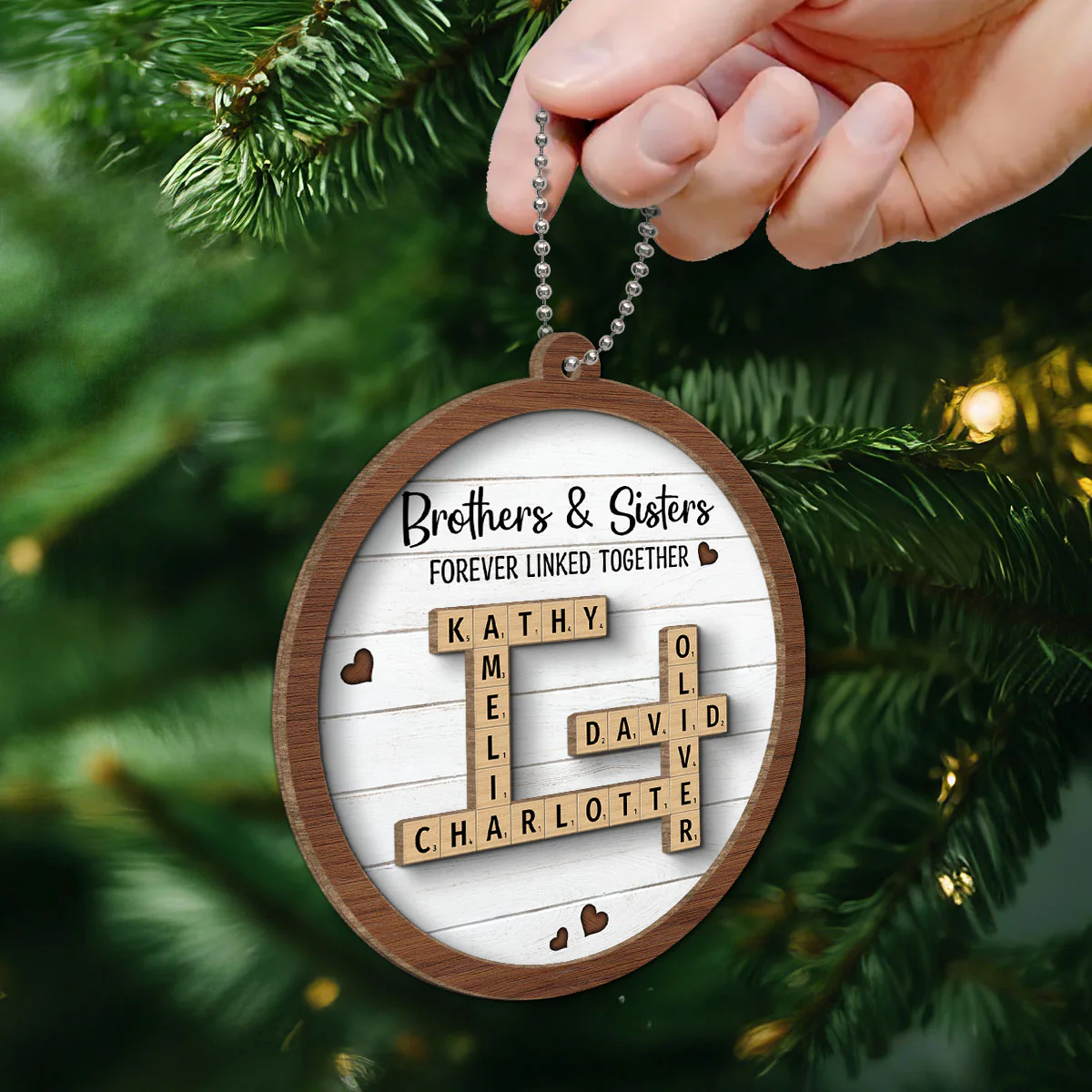 Brothers & Sisters Forever Linked Together Crossword Puzzle Art Personalized 2-Layer Wooden Ornament, Gift For Brothers, Sisters, Siblings, Family - Image 6