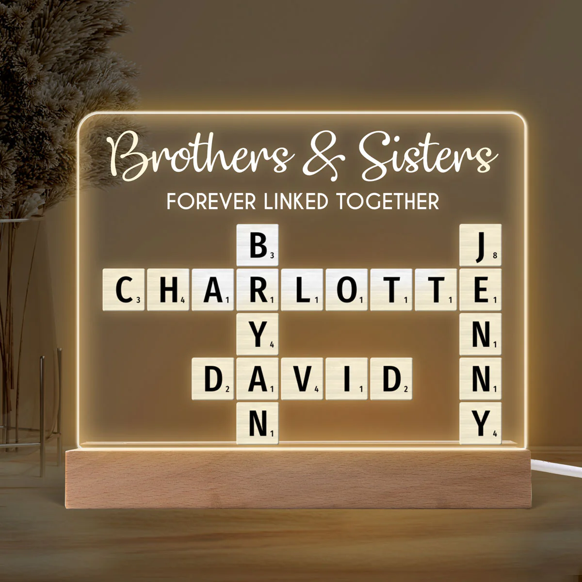 Brothers & Sisters Forever Linked Together Crossword Puzzle Art Personalized Acrylic Warm LED Night Light, Perfect Gift For Brothers, Sisters, Siblings, Family