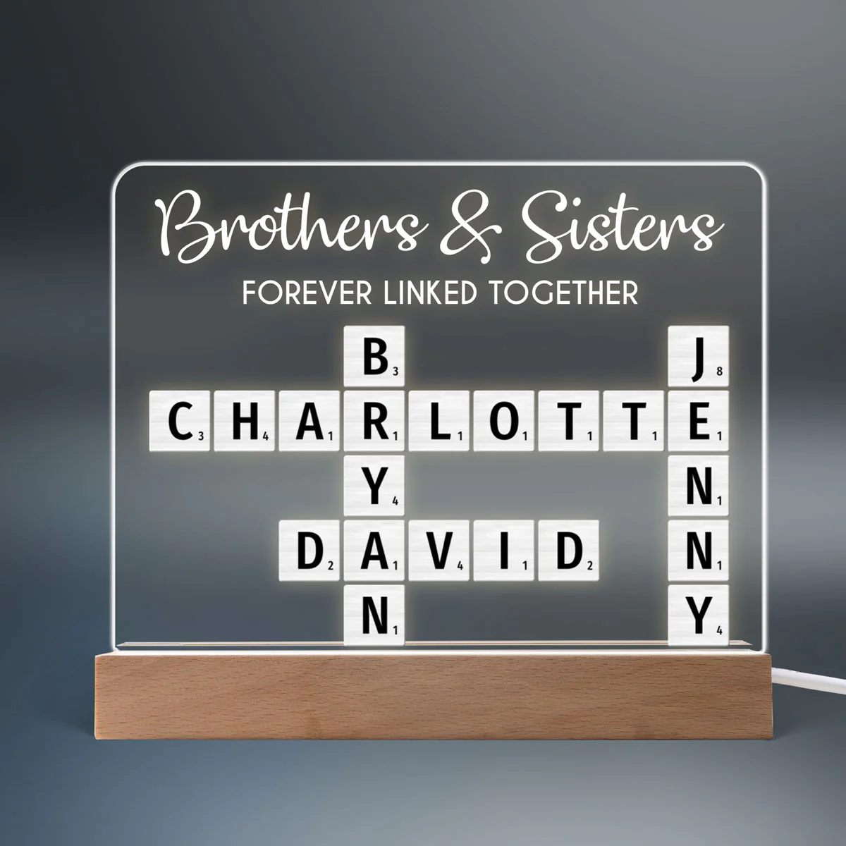 Brothers & Sisters Forever Linked Together Crossword Puzzle Art Personalized Acrylic Warm LED Night Light, Perfect Gift For Brothers, Sisters, Siblings, Family - Image 2