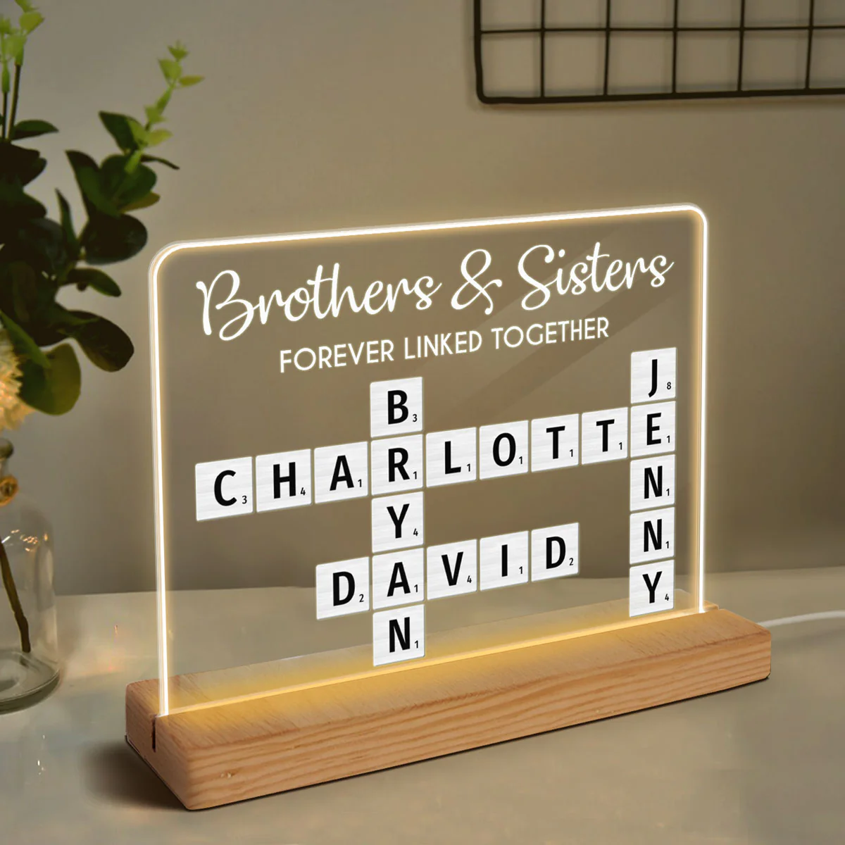Brothers & Sisters Forever Linked Together Crossword Puzzle Art Personalized Acrylic Warm LED Night Light, Perfect Gift For Brothers, Sisters, Siblings, Family - Image 3
