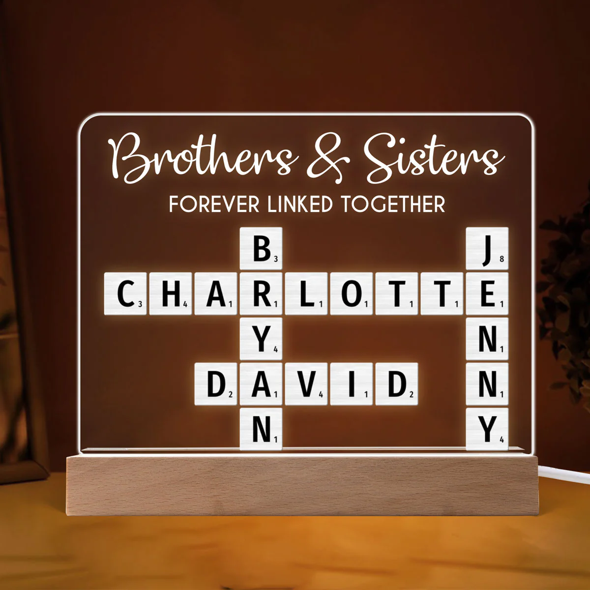 Brothers & Sisters Forever Linked Together Crossword Puzzle Art Personalized Acrylic Warm LED Night Light, Perfect Gift For Brothers, Sisters, Siblings, Family - Image 4