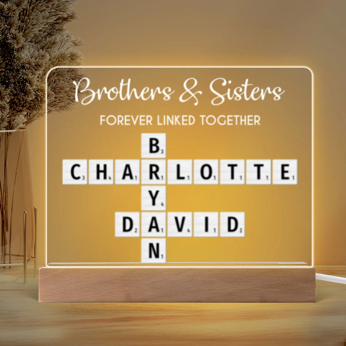 Brothers & Sisters Forever Linked Together Crossword Puzzle Art Personalized Acrylic Warm LED Night Light, Perfect Gift For Brothers, Sisters, Siblings, Family - Image 5