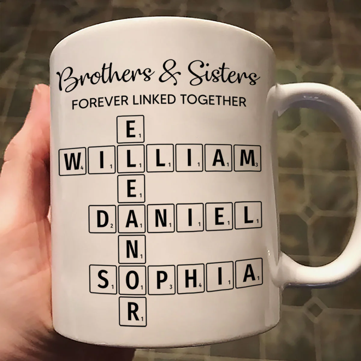 Brothers & Sisters Forever Linked Together Crossword Puzzle Art Personalized Mug, Gift For Brothers, Sisters, Siblings, Family - Image 3