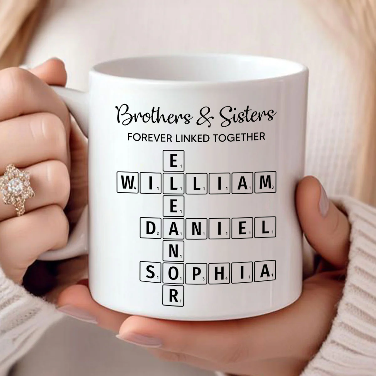 Brothers & Sisters Forever Linked Together Crossword Puzzle Art Personalized Mug, Gift For Brothers, Sisters, Siblings, Family - Image 4