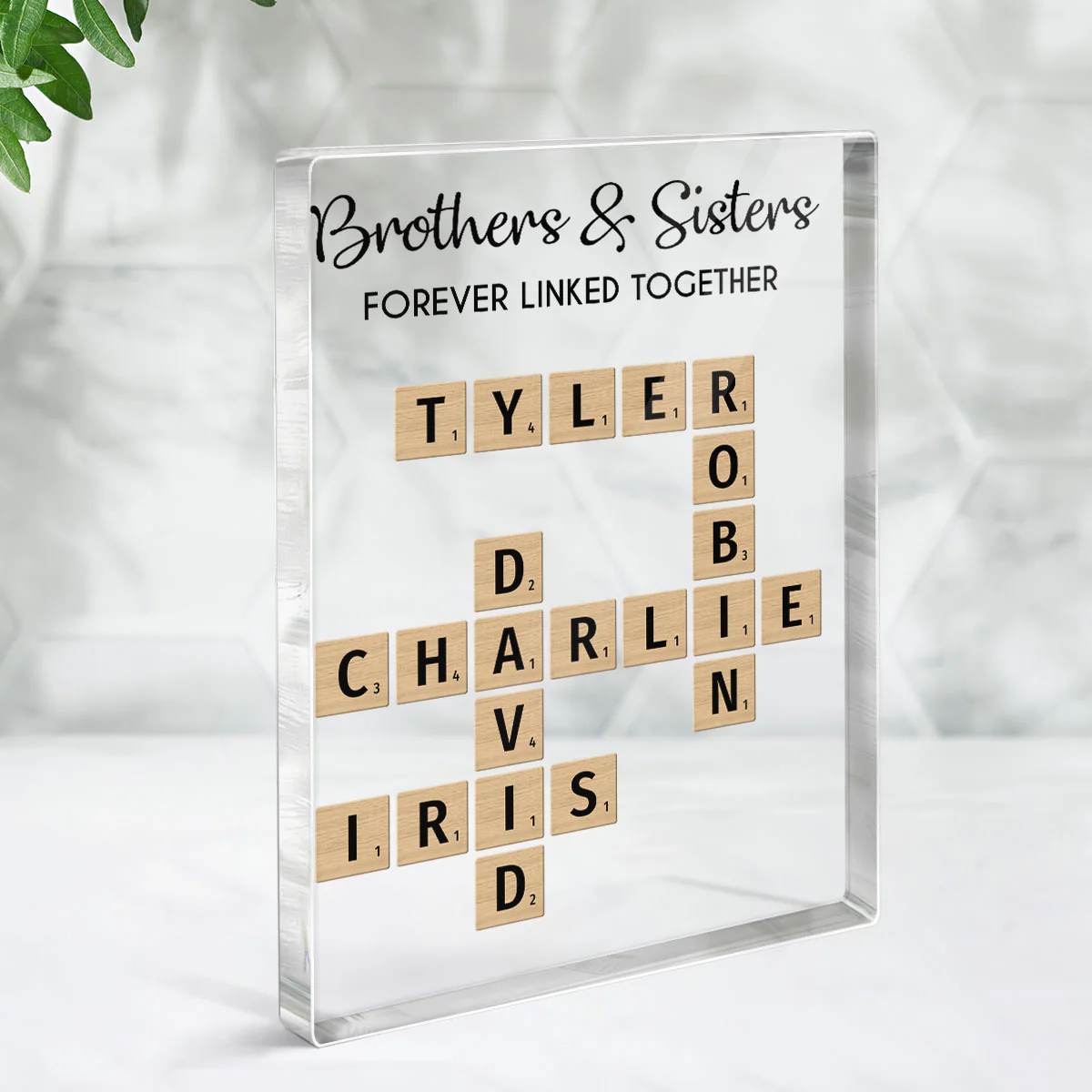 Brothers & Sisters Forever Linked Together Crossword Puzzle Art Personalized Rectangle Acrylic Block Plaque, Gift For Brothers, Sisters, Siblings, Family - Image 3