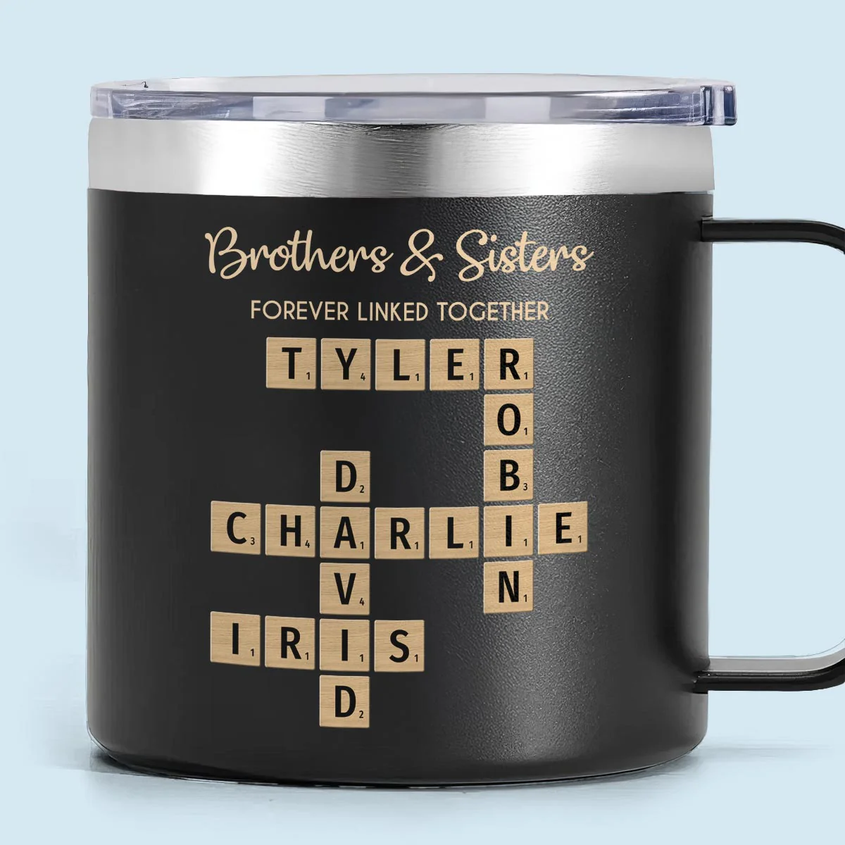 Brothers & Sisters Forever Linked Together Crossword Puzzle Art Personalized Stainless Steel Tumbler With Handle