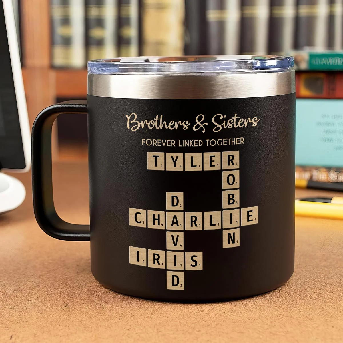 Brothers & Sisters Forever Linked Together Crossword Puzzle Art Personalized Stainless Steel Tumbler With Handle - Image 3