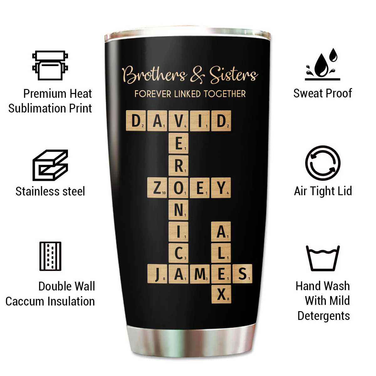 Brothers & Sisters Forever Linked Together Crossword Puzzle Art Personalized Tumbler, Gift For Brothers, Sisters, Siblings, Family - Image 3