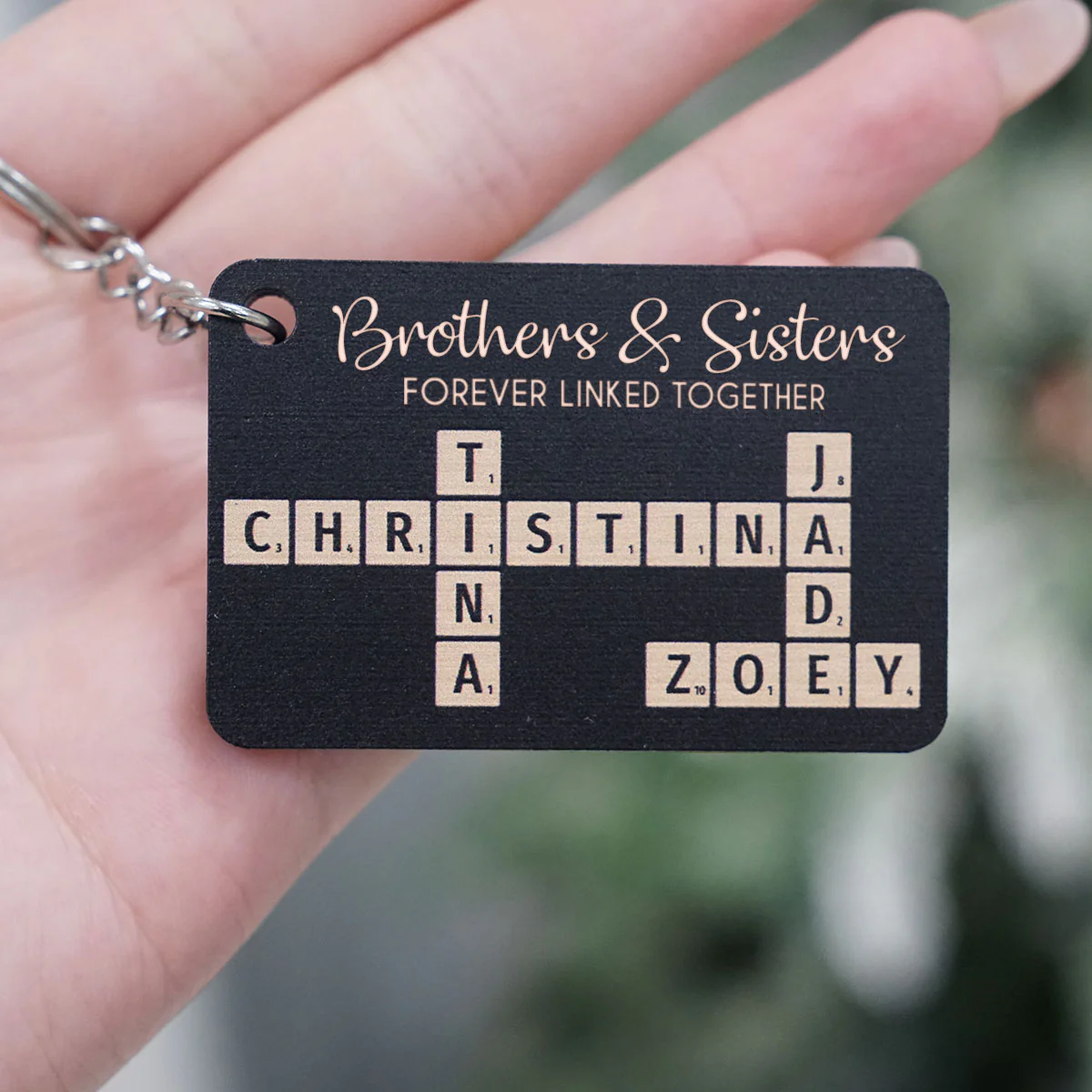 Brothers & Sisters Forever Linked Together Crossword Puzzle Art Personalized Wooden Keychain, Christmas Gift For Brothers, Sisters, Siblings, Family
