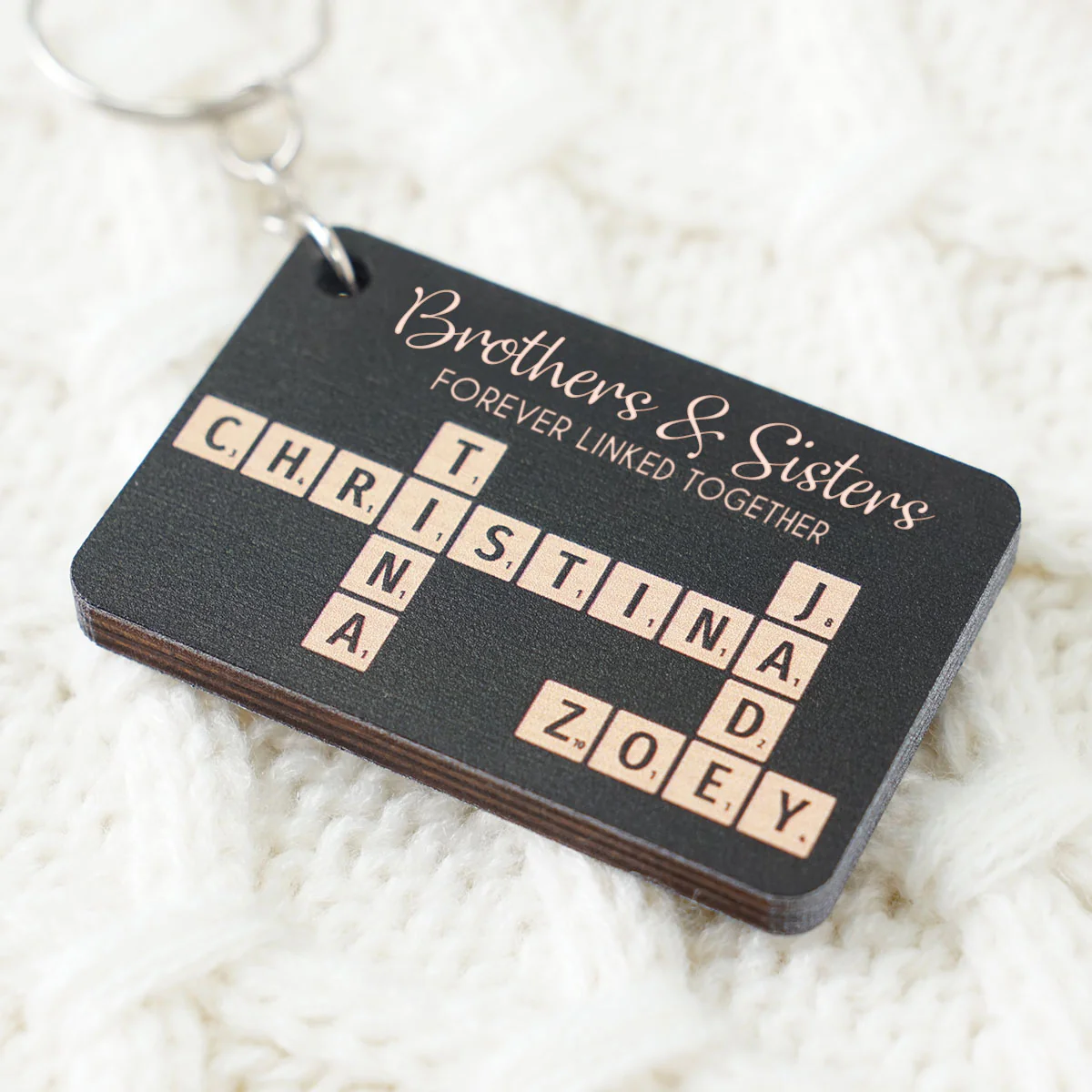 Brothers & Sisters Forever Linked Together Crossword Puzzle Art Personalized Wooden Keychain, Christmas Gift For Brothers, Sisters, Siblings, Family - Image 3