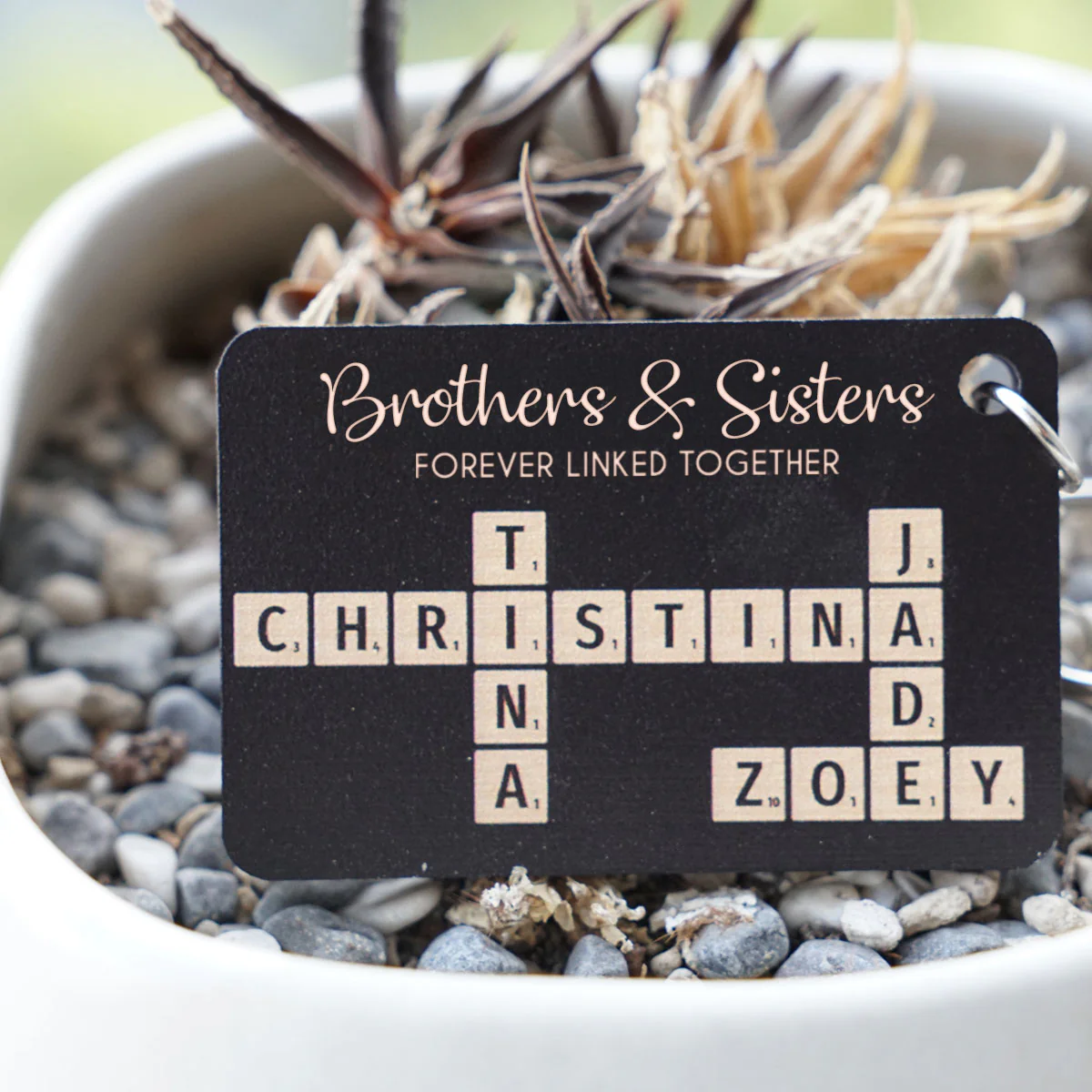 Brothers & Sisters Forever Linked Together Crossword Puzzle Art Personalized Wooden Keychain, Christmas Gift For Brothers, Sisters, Siblings, Family - Image 4