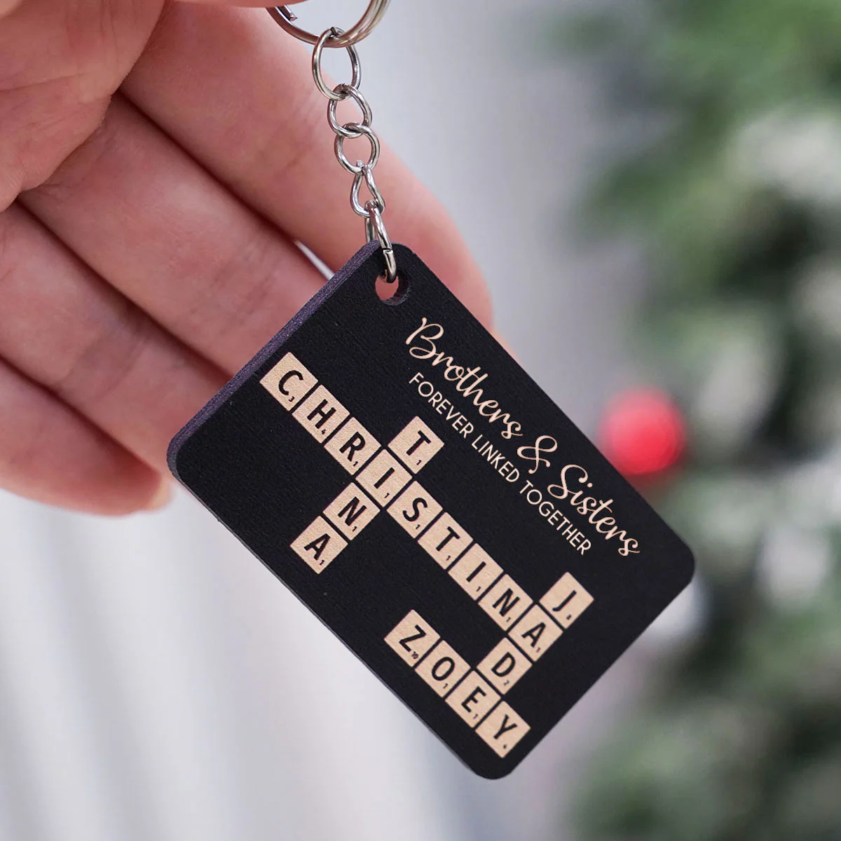 Brothers & Sisters Forever Linked Together Crossword Puzzle Art Personalized Wooden Keychain, Christmas Gift For Brothers, Sisters, Siblings, Family - Image 5
