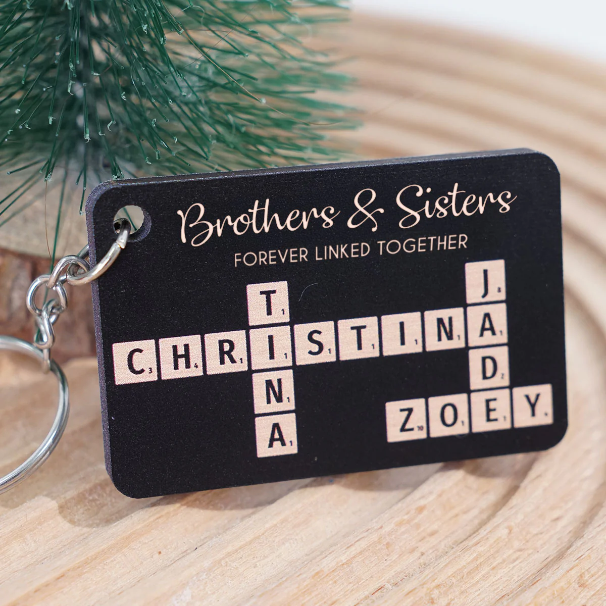 Brothers & Sisters Forever Linked Together Crossword Puzzle Art Personalized Wooden Keychain, Christmas Gift For Brothers, Sisters, Siblings, Family - Image 6