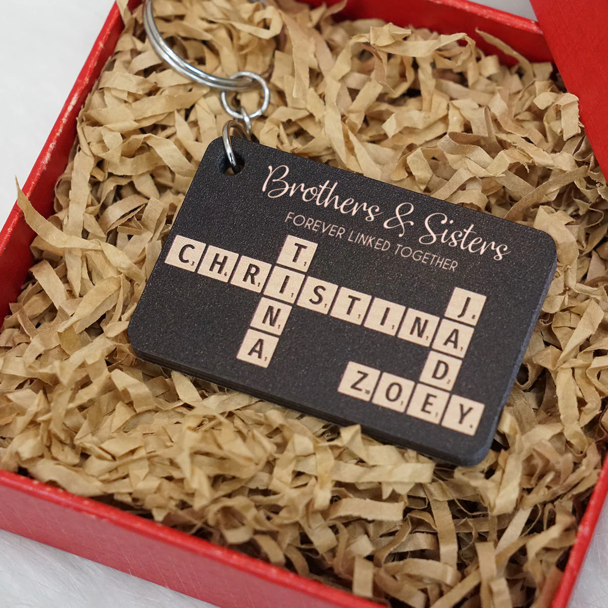 Brothers & Sisters Forever Linked Together Crossword Puzzle Art Personalized Wooden Keychain, Christmas Gift For Brothers, Sisters, Siblings, Family - Image 7
