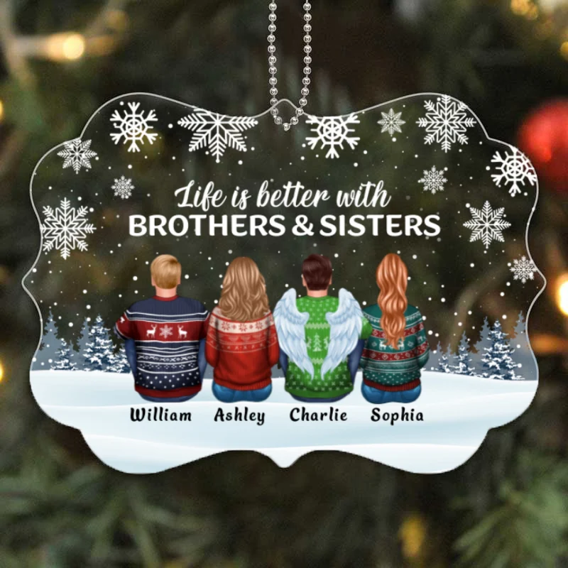 Brothers Sisters Siblings Besties Snow Background Personalized Acrylic Ornament - Image 4