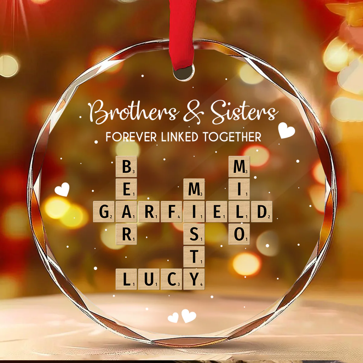 Brothers Sisters Siblings Forever Linked Together Crossword Puzzle Art - Personalized Glass Ornament - Gift For Siblings - Image 3