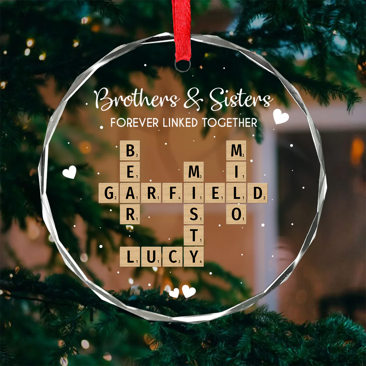 Brothers Sisters Siblings Forever Linked Together Crossword Puzzle Art - Personalized Glass Ornament - Gift For Siblings - Image 4