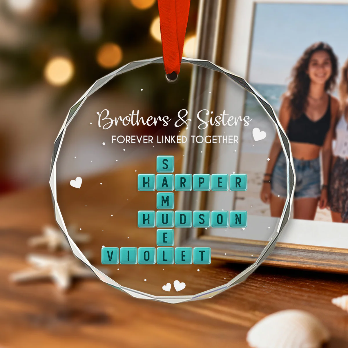 Brothers Sisters Siblings Forever Linked Together Crossword Puzzle Art Personalized Glass Ornament - Image 6