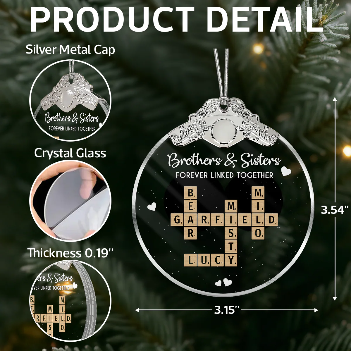 Brothers Sisters Siblings Forever Linked Together Crossword Puzzle Art - Personalized Glass Ornament With Silver Cap - Gift For Siblings, Brothers, Sisters - Image 6