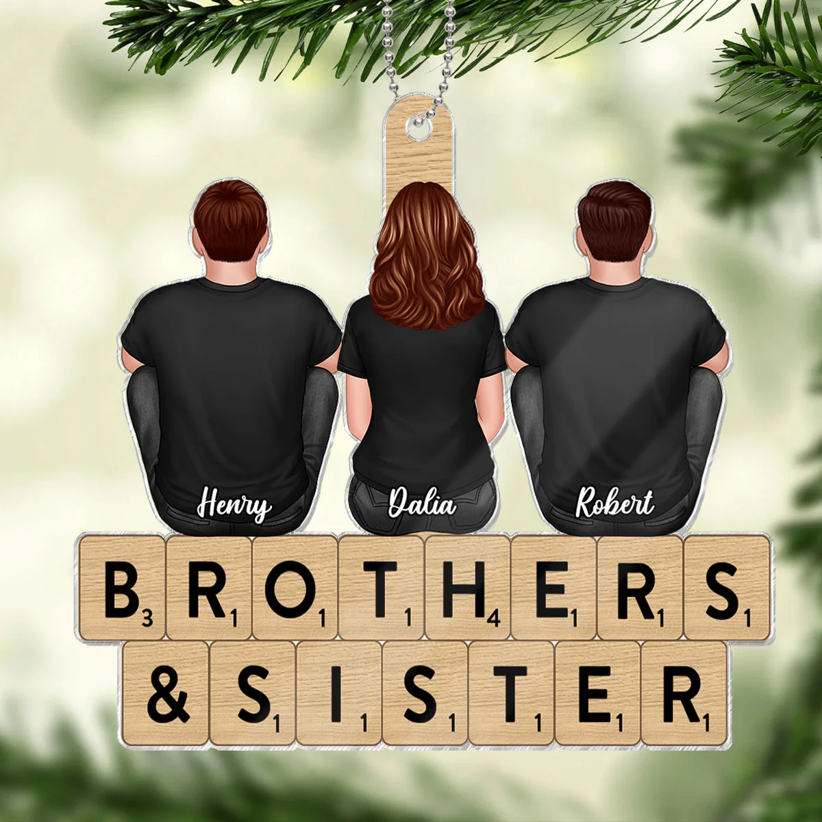 Brothers Sisters Siblings Sitting Back View Personalized Acrylic Ornament - Image 2