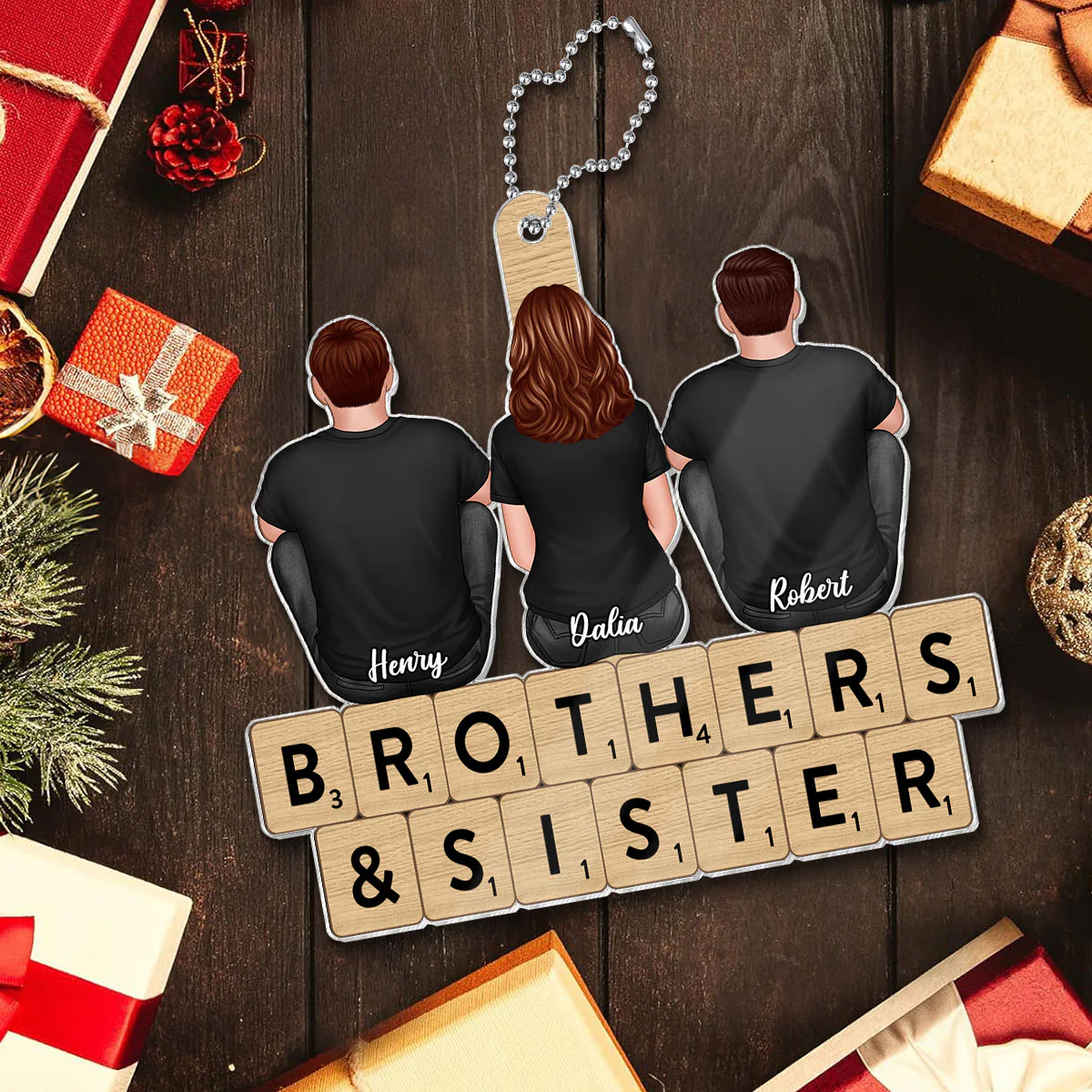 Brothers Sisters Siblings Sitting Back View Personalized Acrylic Ornament - Image 4