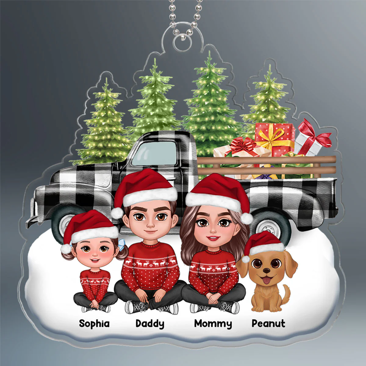 Buffalo Plaid Christmas Truck Family Dad Mom Kids Dogs Cats Crossed Legs Sitting Personalized Acrylic Ornament - Image 2