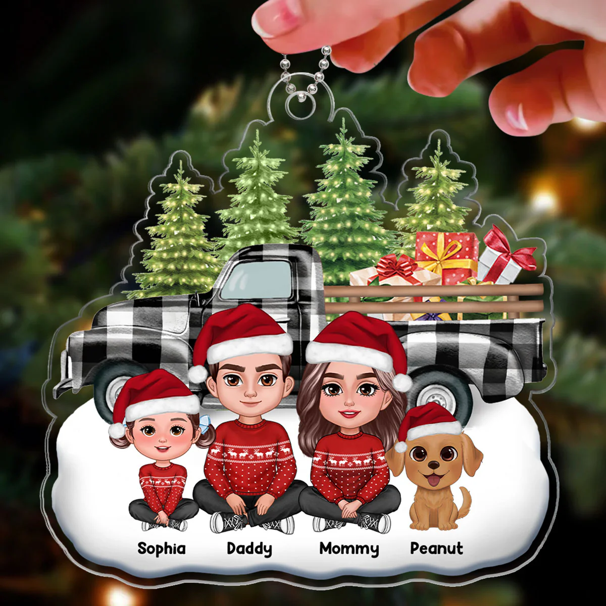Buffalo Plaid Christmas Truck Family Dad Mom Kids Dogs Cats Crossed Legs Sitting Personalized Acrylic Ornament - Image 3