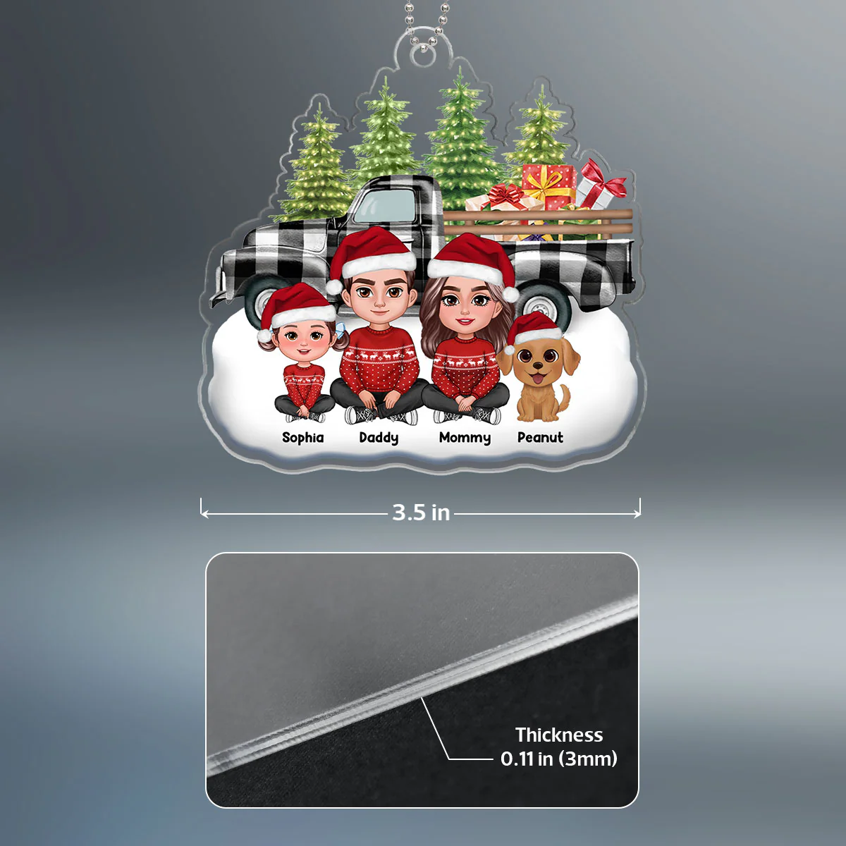 Buffalo Plaid Christmas Truck Family Dad Mom Kids Dogs Cats Crossed Legs Sitting Personalized Acrylic Ornament - Image 4