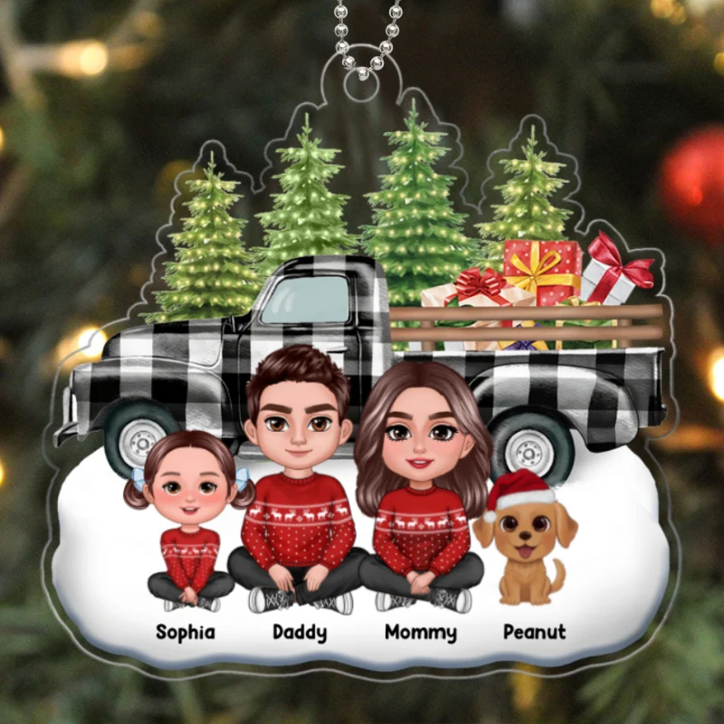 Buffalo Plaid Christmas Truck Family Dad Mom Kids Dogs Cats Crossed Legs Sitting Personalized Acrylic Ornament - Image 5