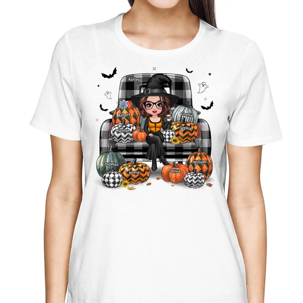 Buffalo Plaid Halloween Truck Pumpkin Doll Grandma Mom Witch Personalized Shirt - Image 2