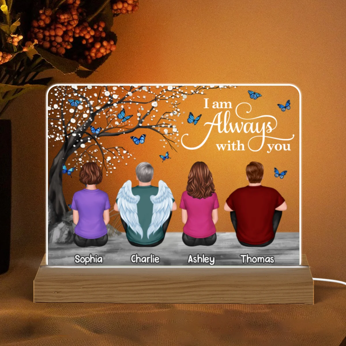 Butterflies Blossom Tree Always With You Family Memorial Remembrance Gift Personalized Custom Shape Acrylic Plaque LED Night Light - Image 5