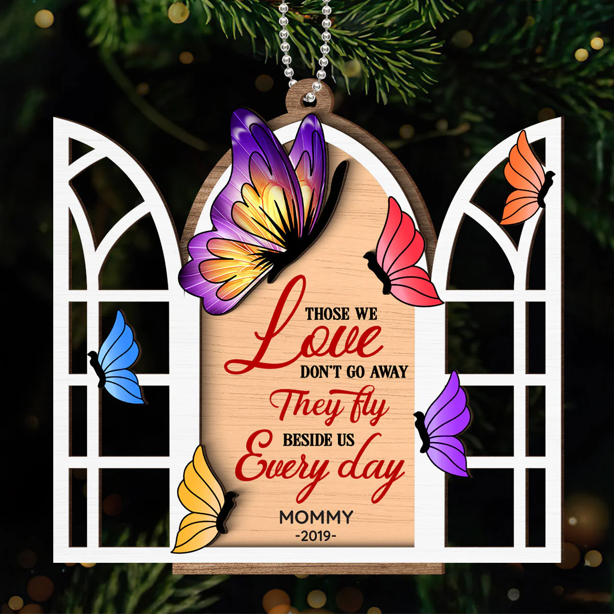 Butterflies Memorial Window Personalized 2-Layer Wooden Ornament, Christmas Gift