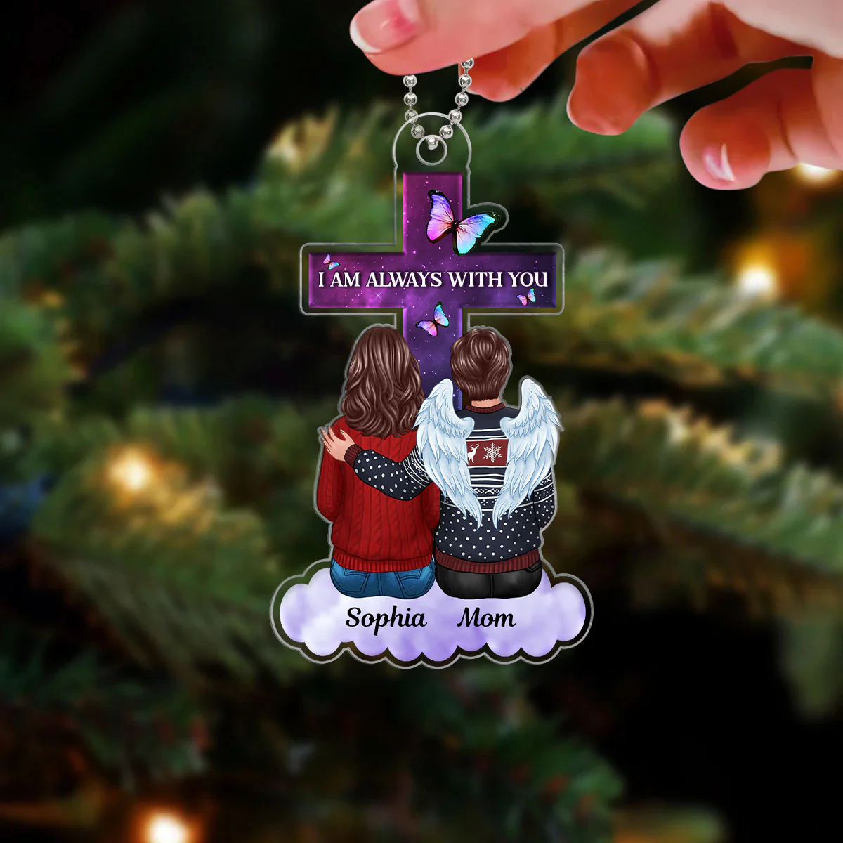 Butterfly Cross Family Memorial Remembrance Keepsake Personalized Acrylic Ornament - Image 3