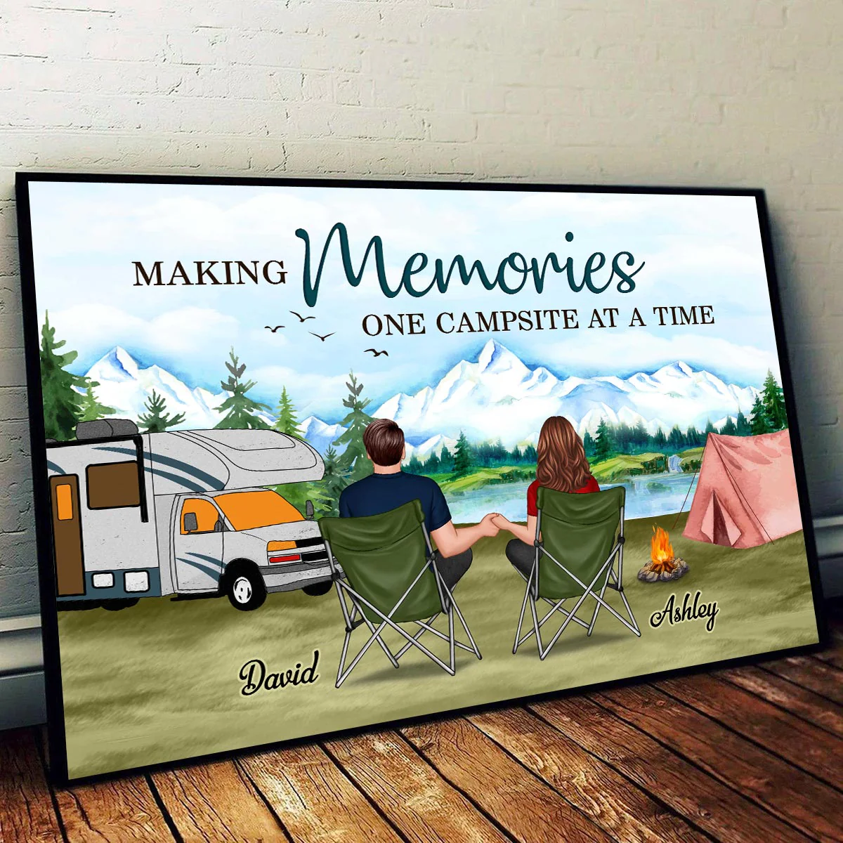 Camping Back View Couple Sitting Personalized Horizontal Poster - Image 2
