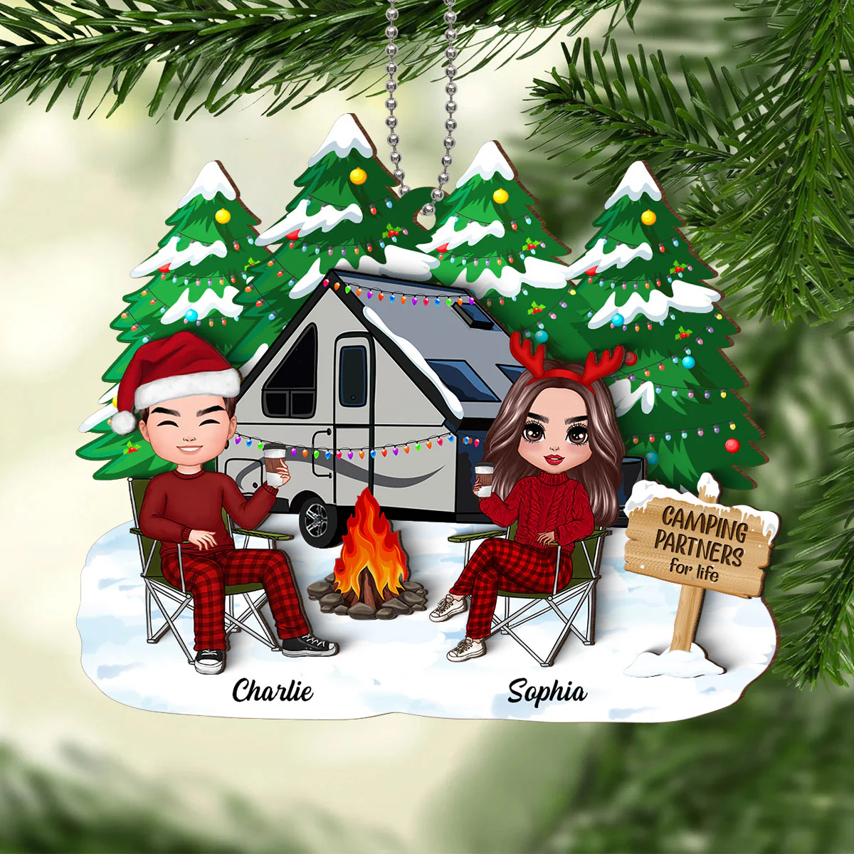 Camping Couple Christmas Personalized 2-Layer Wooden Ornament