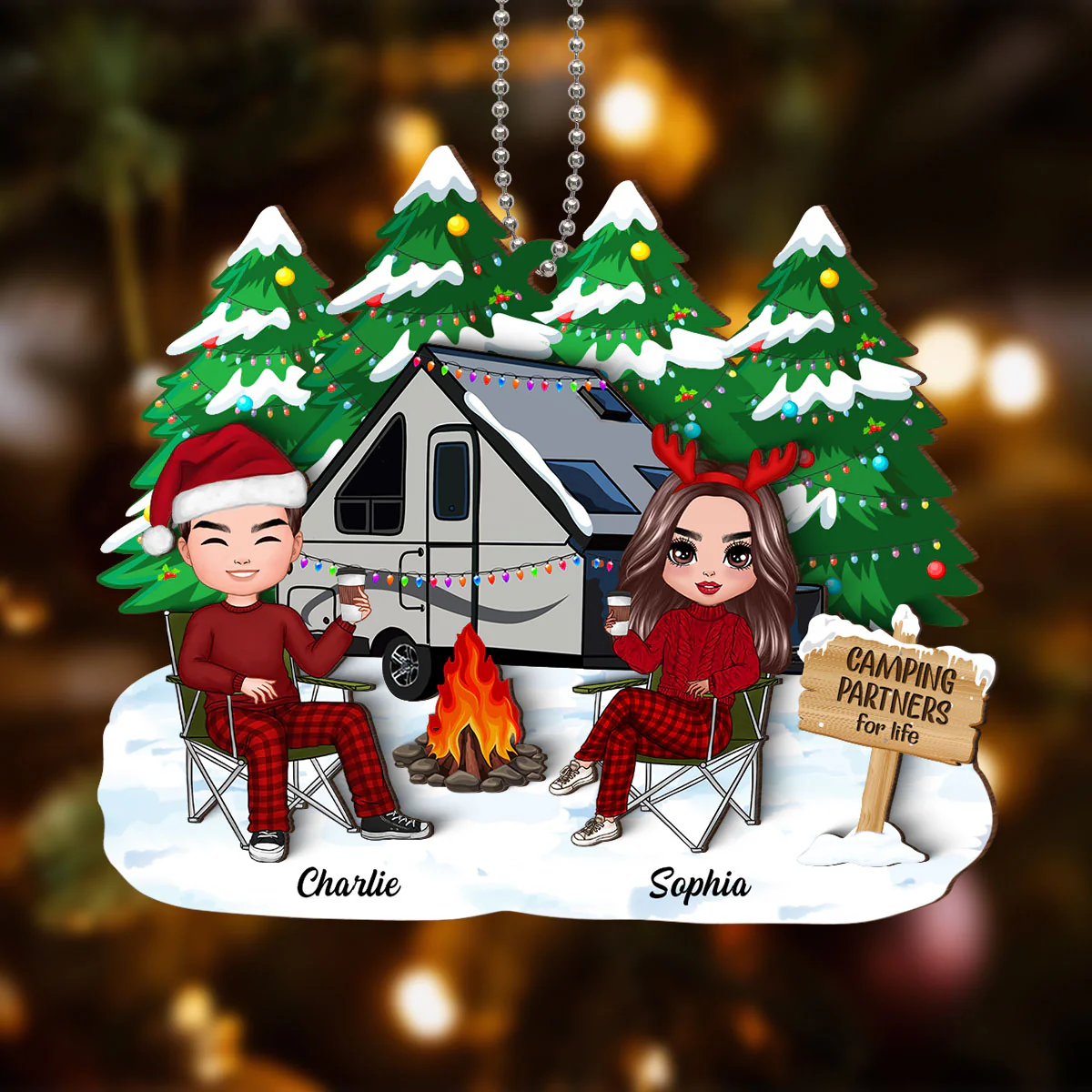 Camping Couple Christmas Personalized 2-Layer Wooden Ornament - Image 2