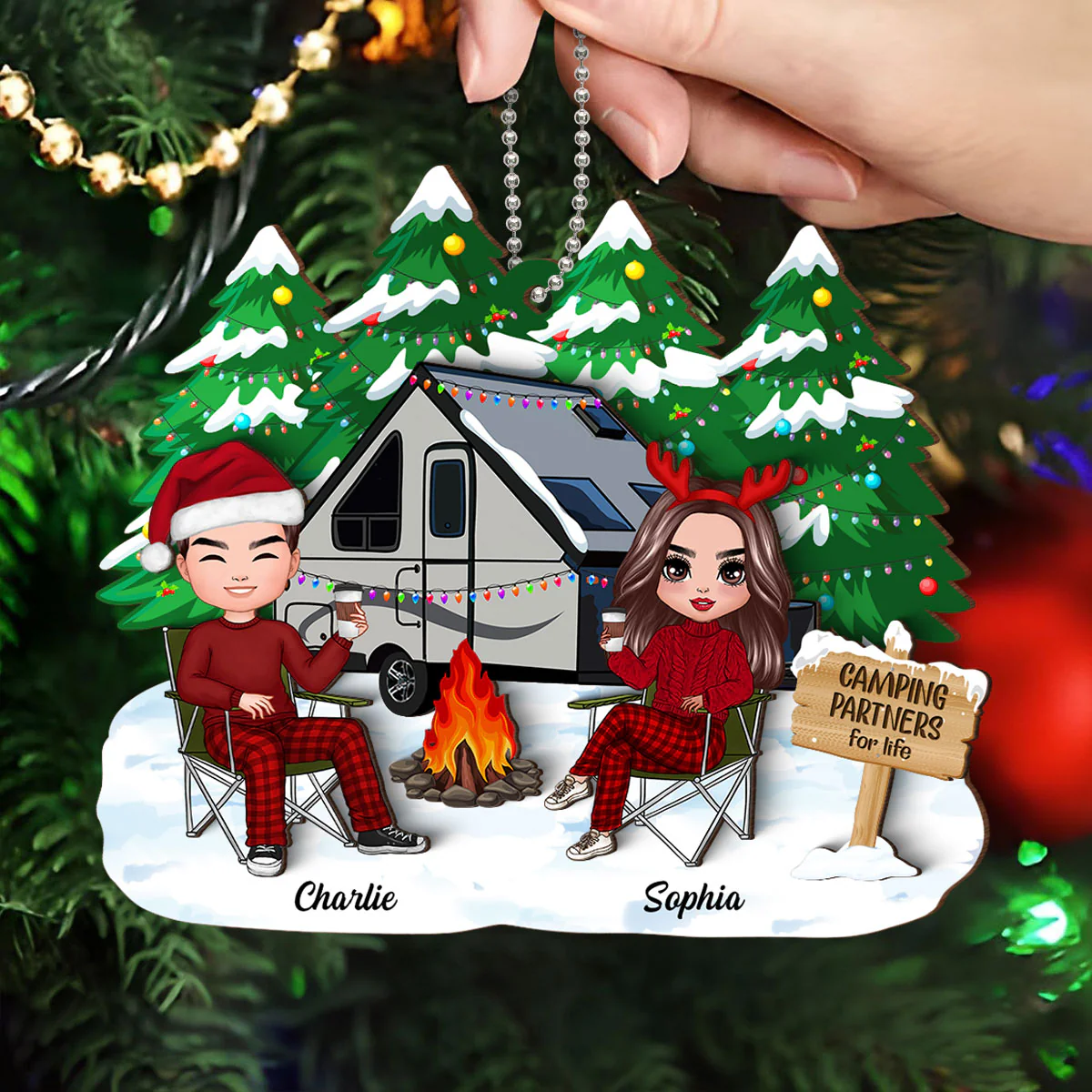 Camping Couple Christmas Personalized 2-Layer Wooden Ornament - Image 3