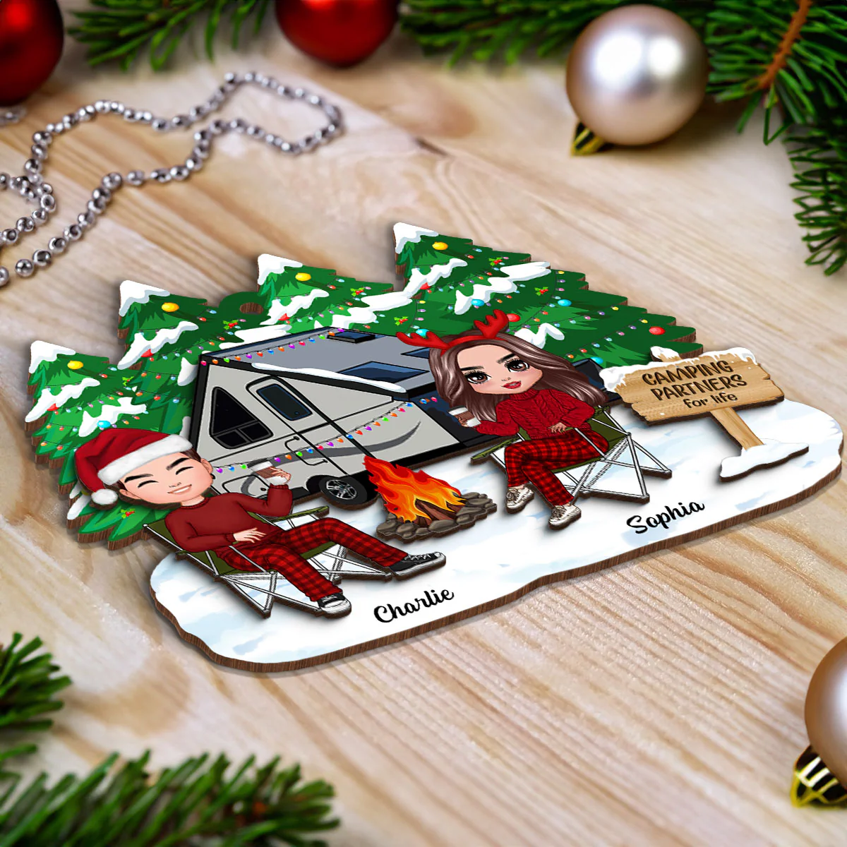 Camping Couple Christmas Personalized 2-Layer Wooden Ornament - Image 4
